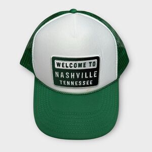 Retro Welcome to Nashville Tennessee Green Trucker Hat Embroidered Patch Snap Bk
